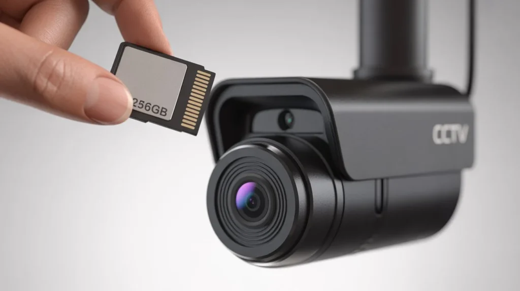 How long will a 256GB SD card record CCTV — hand holding a 256GB SD card next to a black CCTV camera