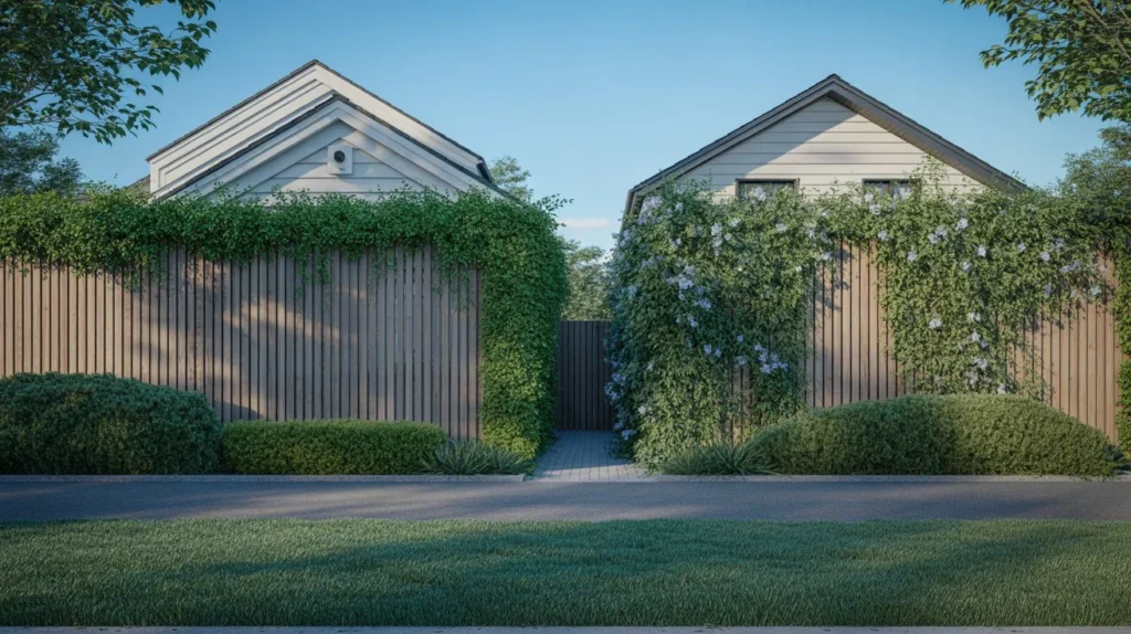 How to Block Neighbor Security Cameras using tall fence and greenery between neighboring homes for privacy