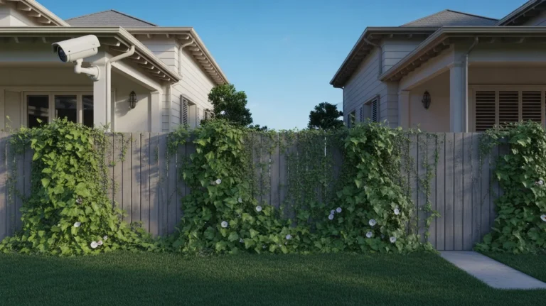 How to Block Neighbor Security Cameras with privacy fence and outdoor camera overlooking side yard between houses