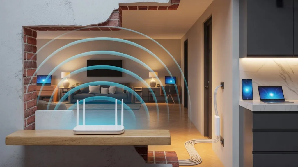 How to boost WiFi signal through walls with a tri-antenna mesh router and a wall-plug WiFi extender covering multiple connected devices in adjacent rooms