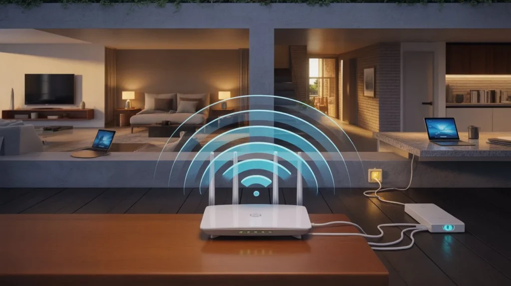 How to boost WiFi signal through walls using a quad-antenna WiFi 6 router on a desk with signal waves reaching laptops in an open-plan living and dining area
