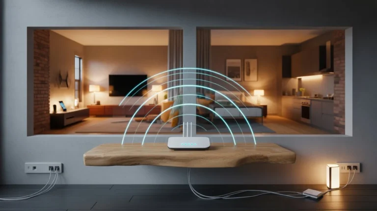 How to boost WiFi signal through walls using a dual-antenna router on a floating shelf with blue signal waves penetrating into a living room and kitchen
