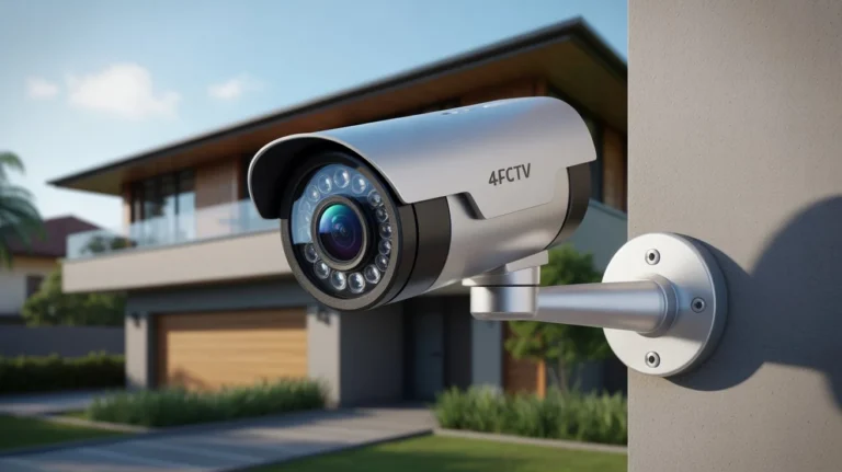 Wall-mounted 4K outdoor security camera with infrared LEDs installed outside a modern house.