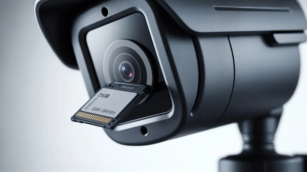 How long will a 256GB SD card record CCTV — close-up of SD card inserted into security camera