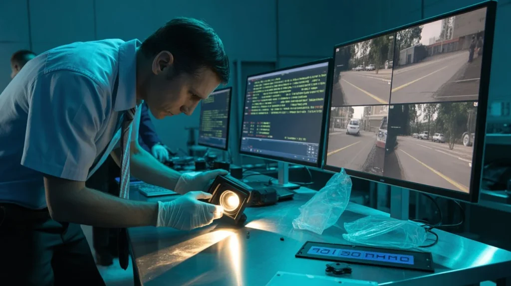 Can police retrieve deleted camera footage — forensic technician in gloves examining security camera evidence in a digital forensics lab