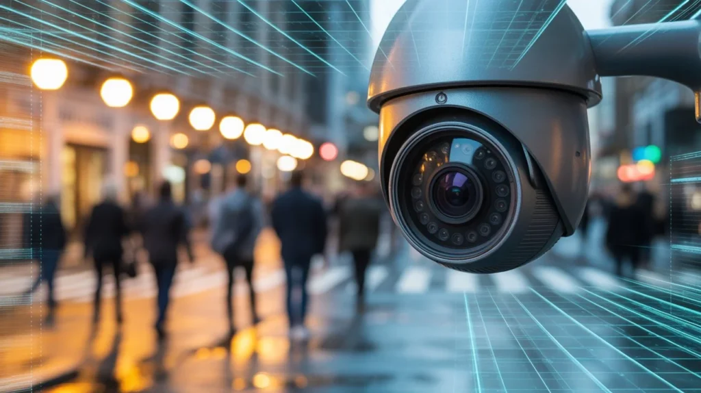 A close-up PTZ CCTV camera with IR night vision ring mounted over a busy pedestrian street with blurred people walking — showing public surveillance concerns