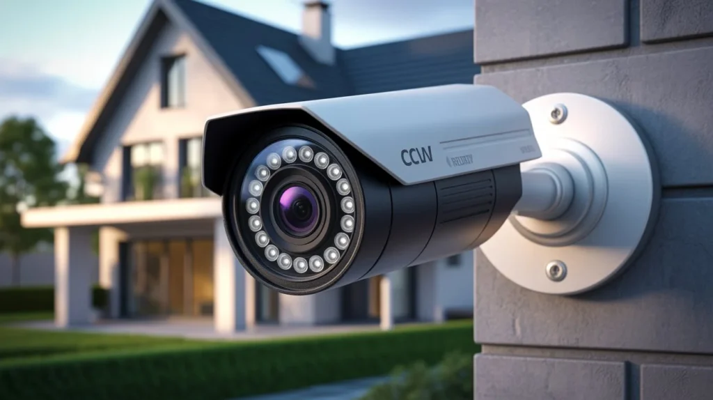 Outdoor CCTV camera with night-vision lights mounted beside a suburban home.