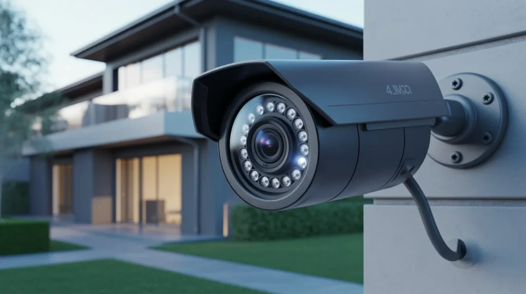 Black outdoor security camera attached to a modern house wall during early evening.