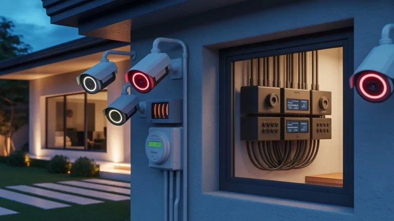 Modern smart home exterior with multiple security cameras and a central surveillance control panel illuminated at night.