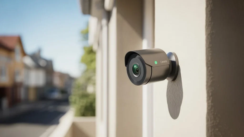 What Does a Green Light on a Security Camera Mean? Dark grey security camera with green LED indicator mounted on a building exterior wall