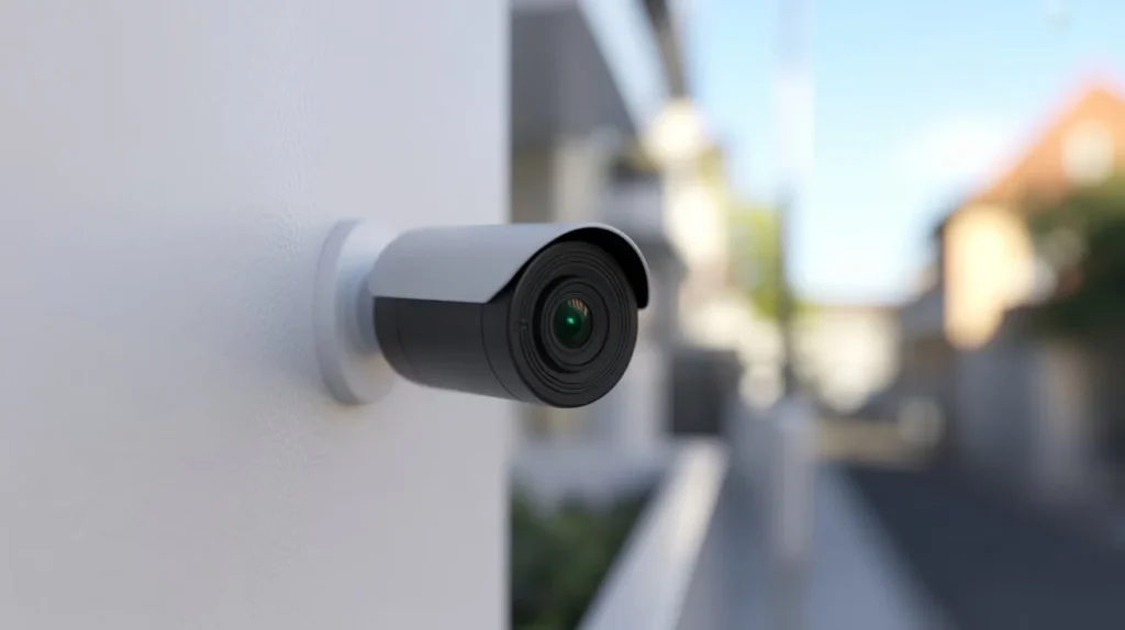 What Does a Green Light on a Security Camera Mean? White bullet security camera mounted on exterior wall with green light visible inside the lens