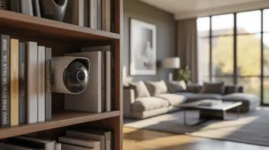 Are There Hidden Cameras That Don't Require Wi-Fi? Hidden security camera placed discreetly on a bookshelf in a modern living room.