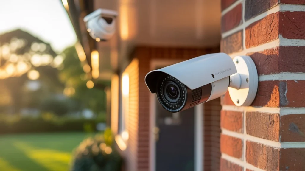 White bullet security camera mounted on brick house wall with second dome camera visible in background