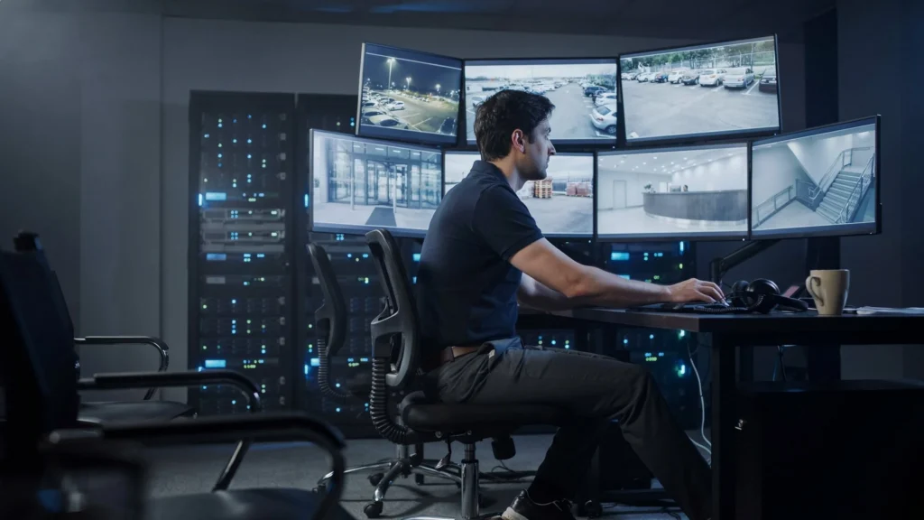 Security officer reviewing CCTV footage retention period on multiple monitors in a surveillance control room