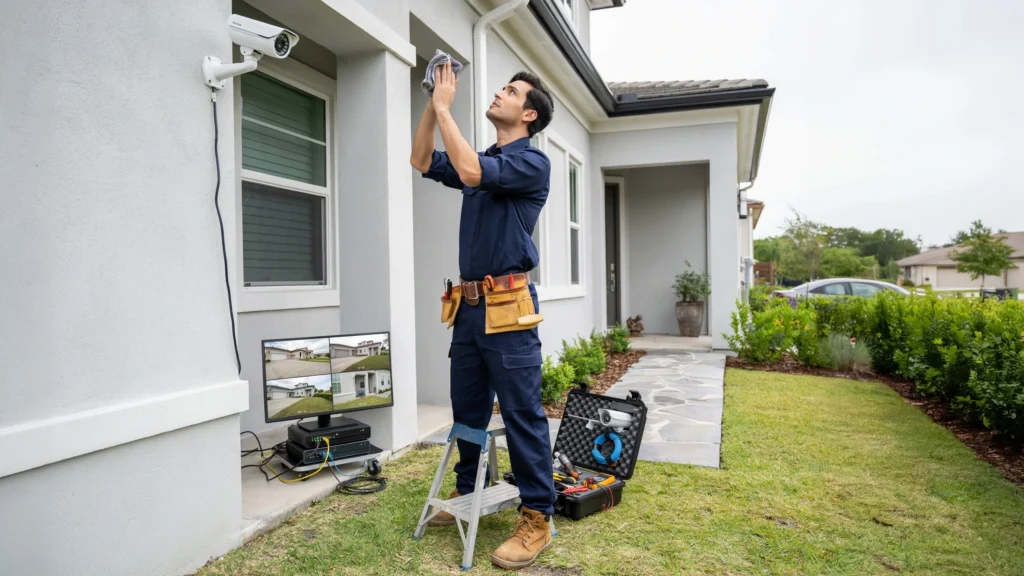 What maintenance does CCTV need — professional cleaning an outdoor CCTV camera lens on home exterior wall