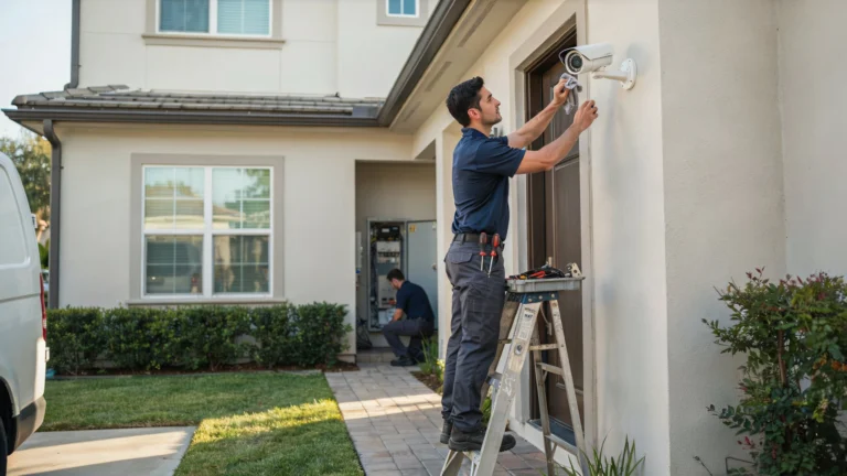 What maintenance does CCTV need — technician servicing outdoor security camera on residential home