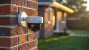 White dome security camera mounted on red brick wall of suburban house at golden hour