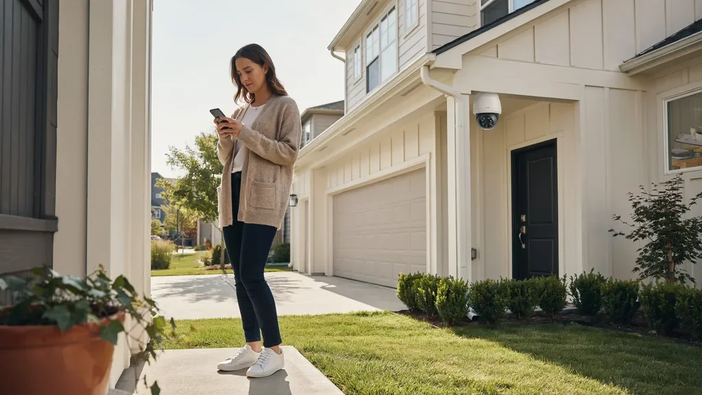 Homeowner using Cam Security app to monitor dome CCTV camera mounted on house exterior