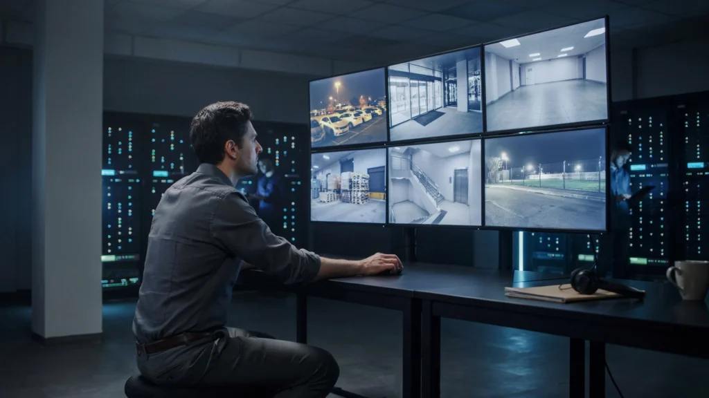 Security professional checking how long CCTV footage lasts on a six-screen surveillance monitor system