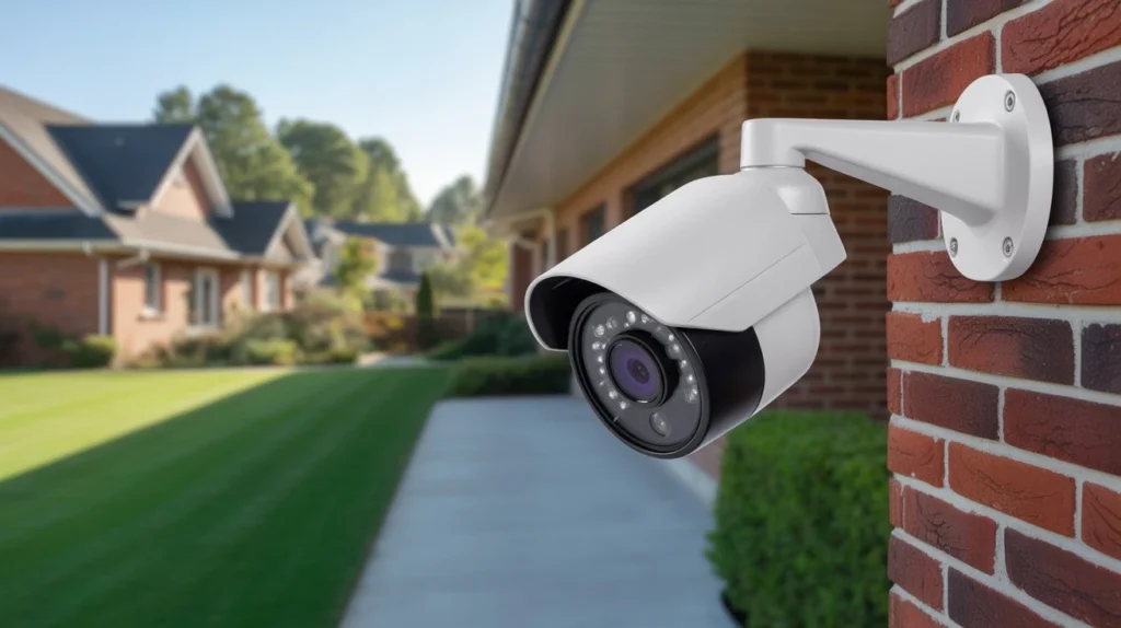 White bullet CCTV camera mounted on a brick wall outside a residential home