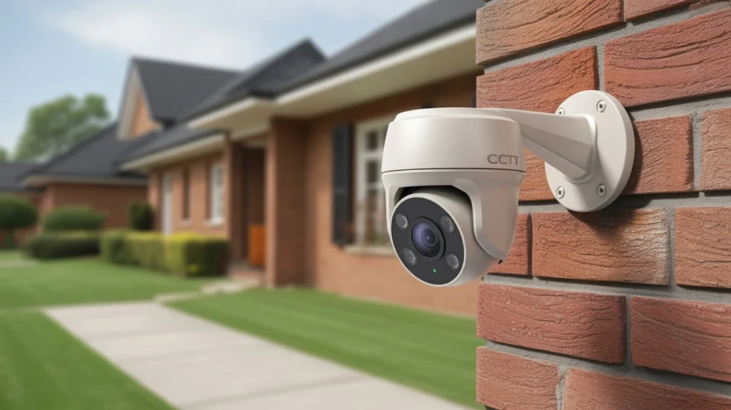 Dome CCTV security camera mounted on a brick wall outside a brick residential house