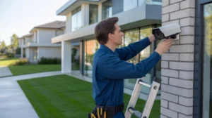 Security technician installing a CCTV camera on a modern house exterior wall