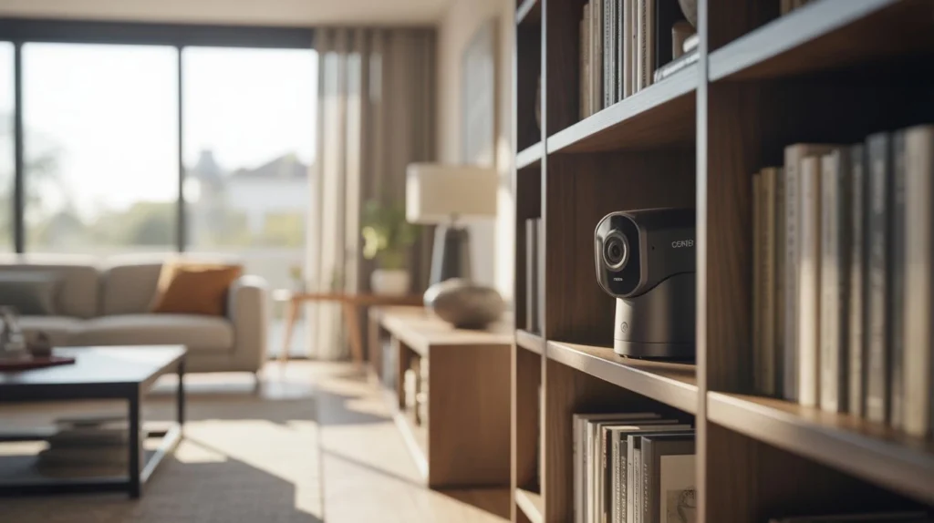 Are There Hidden Cameras That Don't Require Wi-Fi? Hidden indoor security camera positioned on a bookshelf for discreet monitoring.