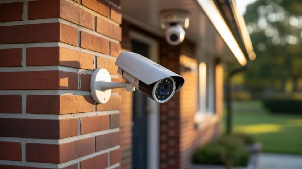Outdoor bullet security camera on brick wall corner with dome camera mounted on soffit above front door