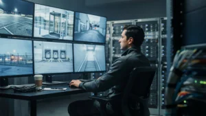 Security professional monitoring CCTV footage in a dark control room — what happens to CCTV after 30 days