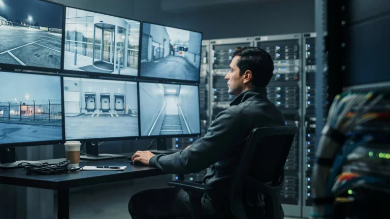 Security professional monitoring CCTV footage in a dark control room — what happens to CCTV after 30 days