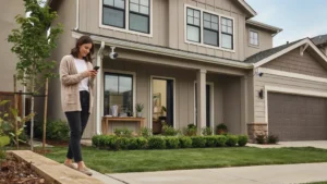 Woman checking Cam Security CCTV system on smartphone outside suburban home
