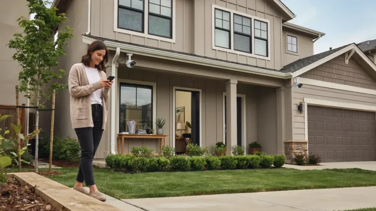 Woman checking Cam Security CCTV system on smartphone outside suburban home