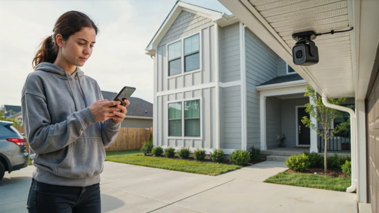 Woman checking outdoor security camera on smartphone outside her home