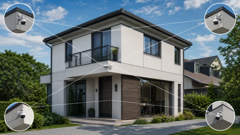 360-degree CCTV camera installation on a modern two-story home showing four corner cameras with overlapping coverage lines