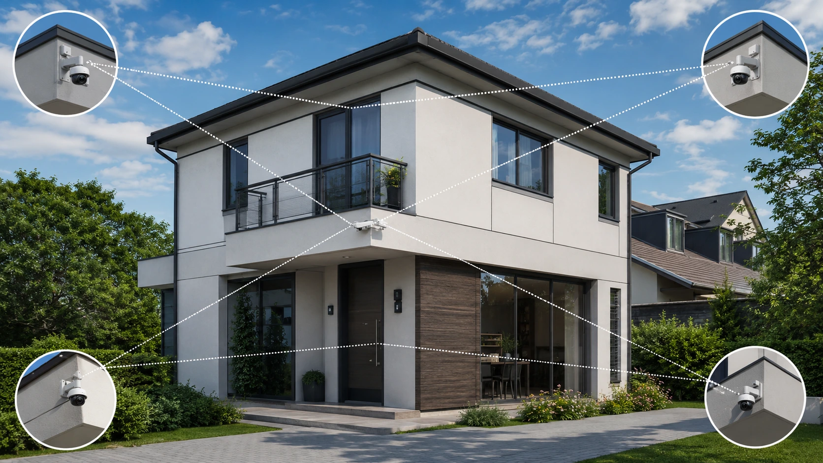 360-degree CCTV camera installation on a modern two-story home showing four corner cameras with overlapping coverage lines