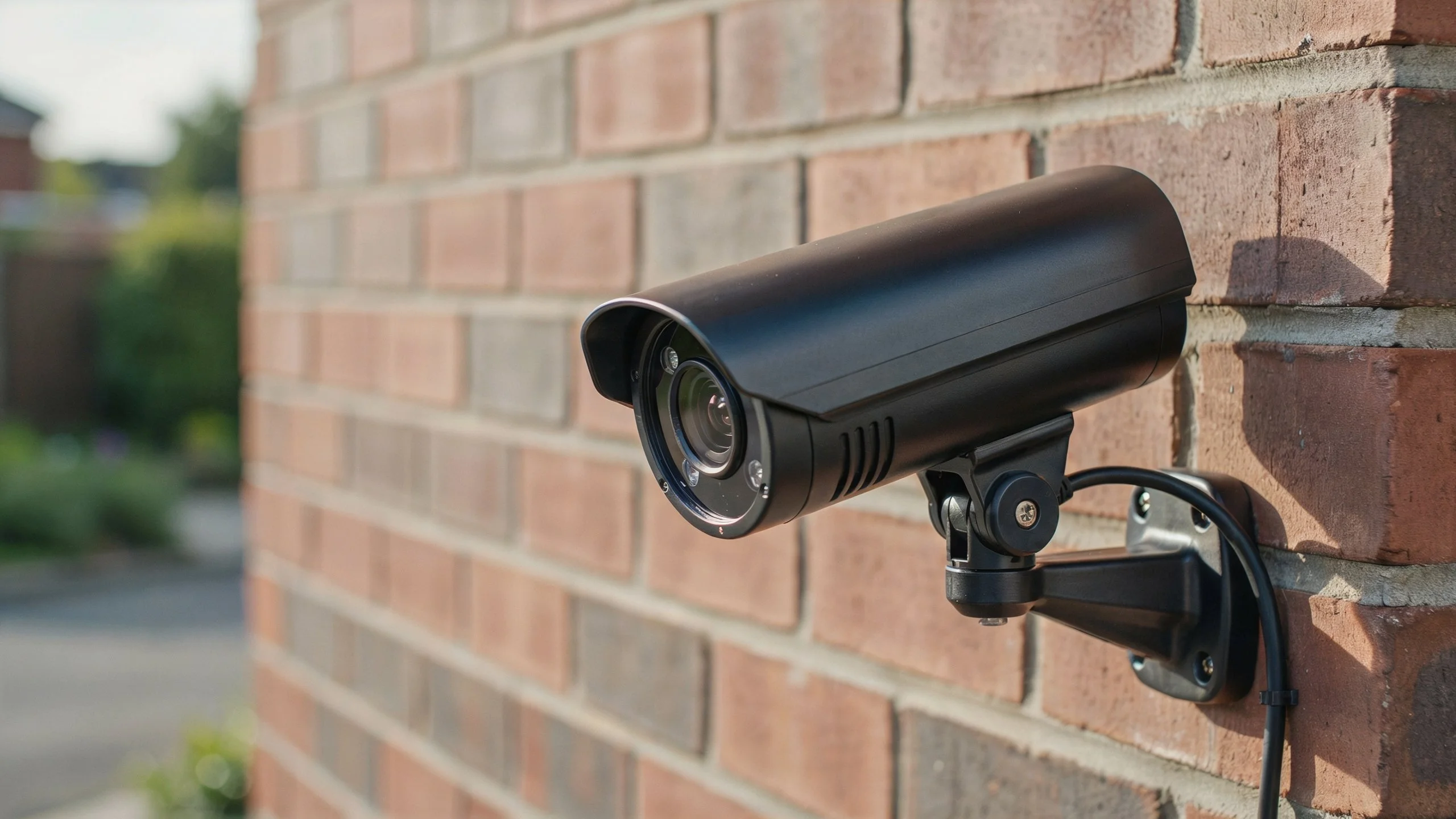 Black bullet-style CCTV security camera mounted on a red brick wall with adjustable bracket