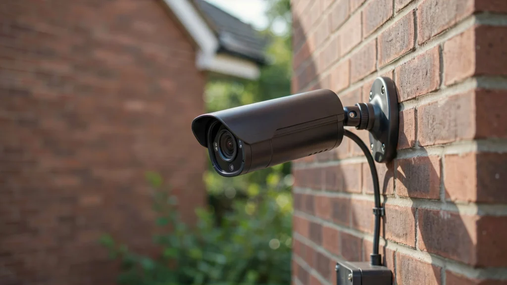 Side view of a black bullet security camera mounted on a brick house wall with cable routed along the wall