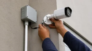 Technician connecting cable to outdoor CCTV bullet camera mounted on wall