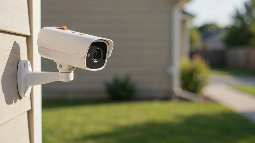 Close-up of a white outdoor security camera lens mounted on house siding, with a small dried leaf resting on top of the housing