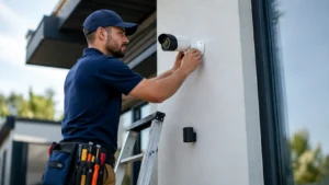 Technician on a ladder mounting a bullet-style security camera to an exterior wall