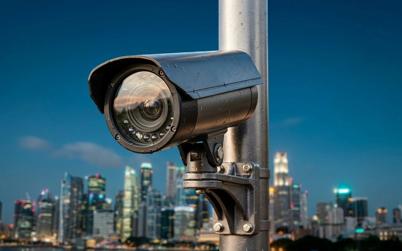 Close-up of a security camera mounted on a metal pole with a city skyline in the background at dusk.