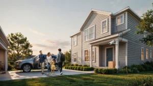 Family of four walking up the driveway toward a two-story suburban home with a security camera mounted under the front porch overhang.