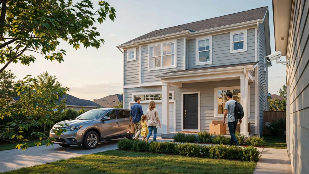 Family walking toward a suburban house with groceries and a package, viewed from beside an exterior security camera mounted on a neighboring wall.