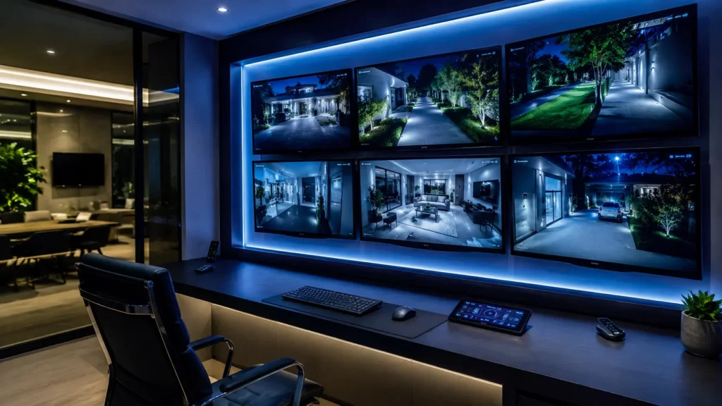 Home office wall with six security monitors showing live camera feeds of driveway, walkway, and interior rooms