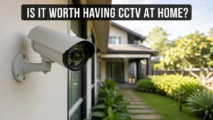 Outdoor CCTV security camera mounted on a house wall with a garden pathway in the background