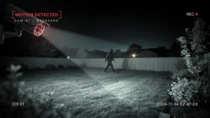 Security camera with infrared night vision capturing a hooded figure walking through a backyard at night, motion detected alert on screen