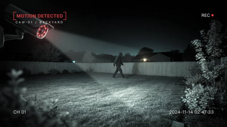 Security camera with infrared night vision capturing a hooded figure walking through a backyard at night, motion detected alert on screen