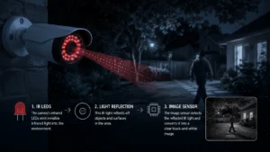 Infographic showing how a night vision security camera works in three steps — IR LEDs emitting infrared light, light reflecting off surfaces, and the image sensor converting it into a black-and-white image