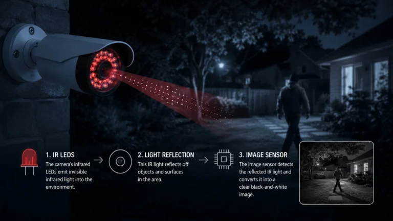 Infographic showing how a night vision security camera works in three steps — IR LEDs emitting infrared light, light reflecting off surfaces, and the image sensor converting it into a black-and-white image