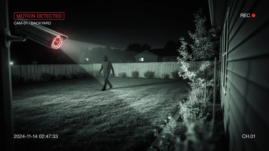 Infrared security camera mounted on house exterior recording a person walking near a backyard fence at night with motion detection overlay